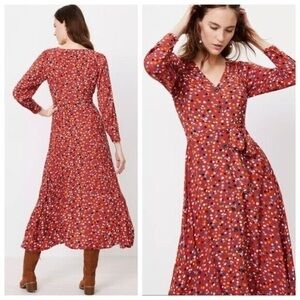 Loft Dotted V Neck Tie Waist Midi Shirt Dress Size 8 Multicolor Long Sleeve